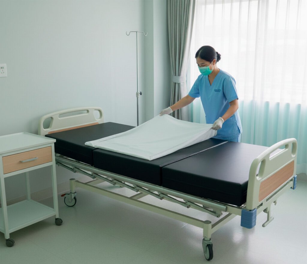 Enfermera preparando la cama del hospital.